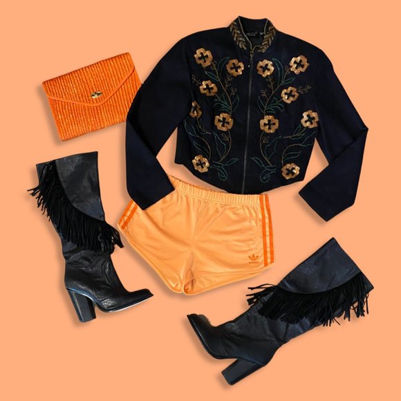 🌸sold💋Vintage MODI Denim Black Floral Sequin Beaded Cropped Jacket Sz Medium - Picture 5 of 5